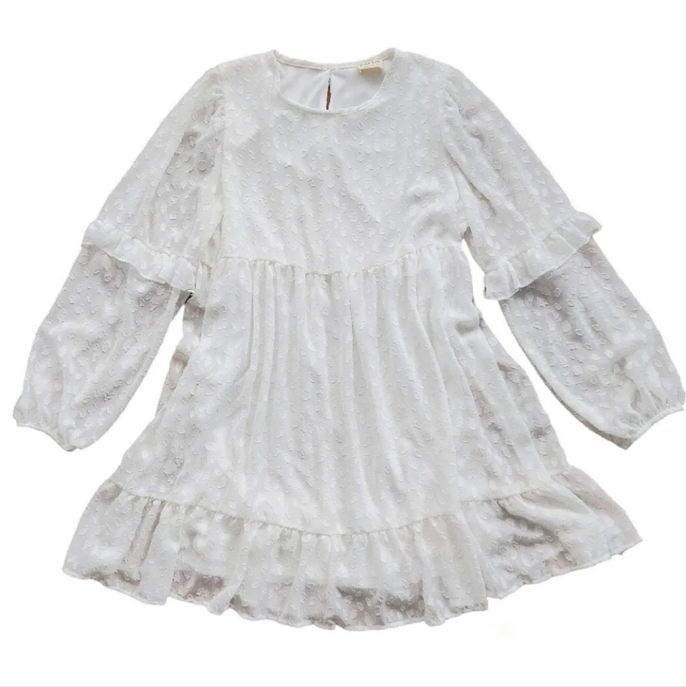 Peach Love California White Tiered Babydoll Dress Embroidered Long Sleeve M